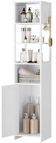 HOOBRO Badezimmerschrank, Aufbewahrungsregal für Badezimmer mit 3 offenen Regalböden, multifunktionaler Hochschrank, schmaler Aufbewahrungsschrank, Hochschrank für Bad, Wohnzimmer, Weiß EWT144CW01