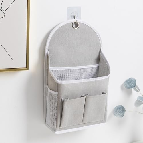 Lawnoval Bolsa de almacenamiento montada en la pared con bolsillos dobles, paquete de 2 organizadores colgantes de poliéster para dormitorio, blanco/gris