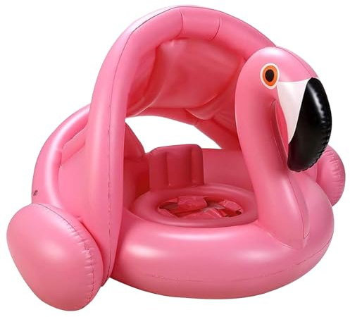 NMM Flamingo Baby simring med avtagbart soltak, säkert uppblåsbart simhjälpmedel för spädbarn 6–36 månader, med UV-skydd, 2 luftkammare och säkerhetssäte, uppblåsbar pool simdjur