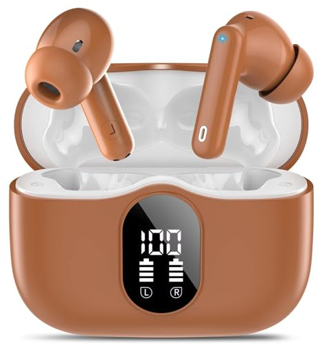 Wireless Earbuds, Bluetooth 5.4 Headphones In Ear with 4 ENC Mic, 2026 Wireless Earphones Noise Cancelling Deep Bass, LED Display, Bluetooth Earbuds 36H Playtime, IP7 Waterproof Ear buds, USB-C Brown