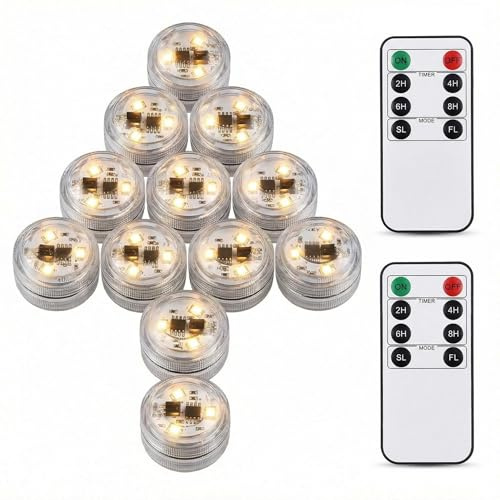 KUCAM LED Teelichter mit Timer, 12 Stück LED Kerzen Wasserdicht mit Fernbedienung, Batterie Teichbeleuchtung Unterwasser für Pool/Brunnen/Hochzeit/Party Dekorationen