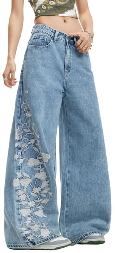 OYICAI Womens Wide Leg Baggy Jeans Loose Fit Denim Pants Hip Hop Streetwear | Embroidered Loose Jeans for Women,Y2k 90s,Basic-5-Pocket,Straight Leg Pants, Trendy Fashion, Casual Wear