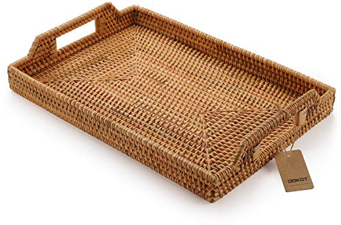 Vassoio Rettangolare in Rattan con Manici per Tavolino, Cibo, Bevande, Cena, Colazione, Decorazioni per la Casa Naturali 43cm