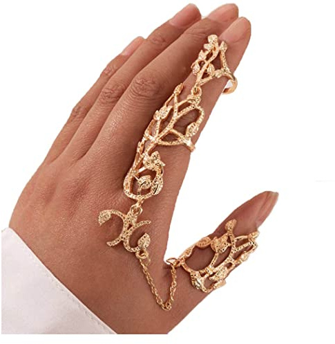 Yalice Charm Leaf Full Finger Ring Bracelets Dainty Knuckle Open Ring Harness Hand Chains Adjustable Statement Rings Jewelry for Women Gift (Gold)