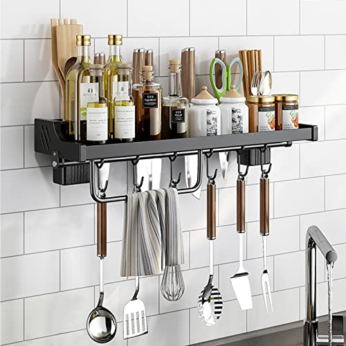 KYYLZ Gewürzregal Wand,Küchenhalterung Ohne Bohren mit 6 Haken Stangen,Schwarz Edelstahl Hakenleiste Küchenhelfer Hängeleiste,Gewürzregal Küchenablage Wand Organizer für Küche und Bad(40*14.8*5.2CM)