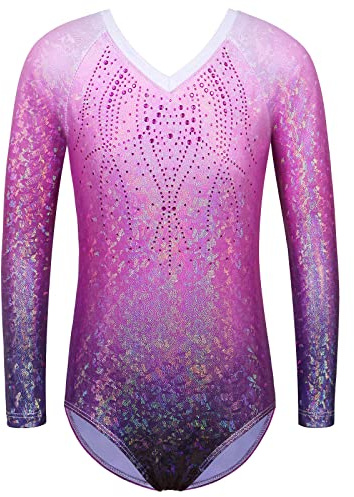 ZNYUNE B281 Justaucorps de gymnastique sans manches/manches longues, pour filles, dégradé bleu clair, 3-14 ans, violet (DiamondPurple) 10A