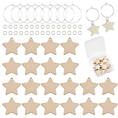 SUNNYCLUE 1 Box Wooden Wine Glass Charms Markers Tags Identification Wood Star Charms Glass Identifiers for Drinks Stem Glasses 20Pcs Wood Pendant 20Pcs Hoops 30Pcs Jump Rings Summer Family Gathering