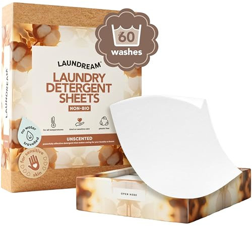 LAUNDREAM by SARROSI Unscented Laundry Detergent Sheets - 60 Loads | Eco-Friendly & Non-Bio | Biodegradable, Hypoallergenic, Non-Toxic & Plastic-Free | Vegan Formula
