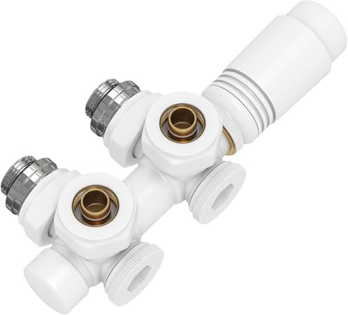 S'AFIELINA Ventil-Armaturen Set Multiblock Ventilhahnblock mit Thermostat für Heizkörper Handtuchheizkörper Anschlussarmatur Universal 50mm für Eck- und Durchgangsform, Weiß (16mm, 1Stück)