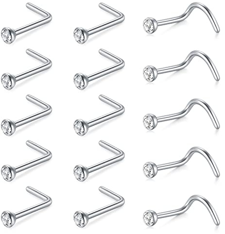 Mayhoop Piercing Nez Acier Chirurgical de Nez 15pcs 22G Piercing Nez en Forme de L CZ Piercing pour Femme Homme