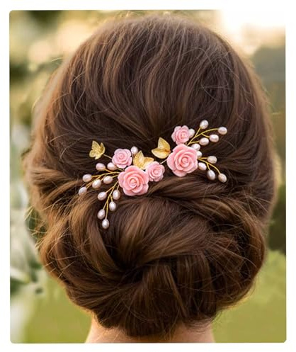 Flayem Perlenhaar Accessoires Hochzeit Haarnadeln Braut Blume Golden Haarspangen(2Stück)