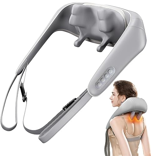 Schulter Nacken Rücken Massagegerät mit Wärme, Shiatsu Nackenmassagegerät mit 6 Silikon-Massageköpfe, Rückenmassagegerät, Zwei Tragevarianten, 2000-mAh-Akku, für Nacken, Schulter, Rücken