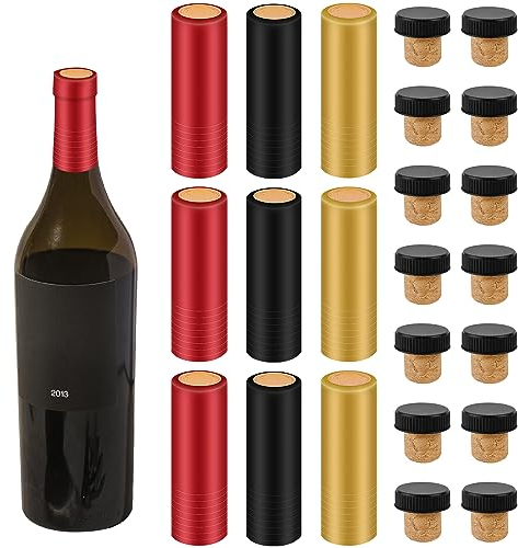 60pcs Wine Sealer for Wine Bottles, Bottle Resealer Kit with PVC Heat Shrink Film Wrap Capsules Shrink Caps T-Shape Wine Tasting Cork Stoppers with Black Plastic Top for Making Cellars and Home Use
