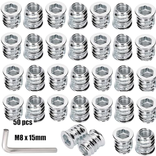 CRLYLC Lot de 50 écrous à visser M8 x 15 mm - Insert fileté en bois - Manchons filetés - Douilles à visser en alliage de zinc - Écrous à enfoncer à six pans creux - Pour meubles en bois