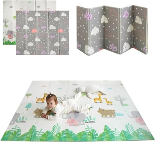 MIKMEL Krabbelmatte Baby Faltbar – Doppelseitige Spielmatte aus XPE-Schaumstoff, Wasserdicht & Rutschfest – Krabbeldecke mit Wolken/Tiere Design für Kinderzimmer – 180x150x1 cm