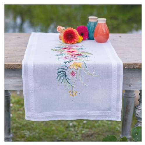 Vervaco Stickpackung Tischläufer Sticken Set Erwachsene Vorgedruckt Tropische Blumen Stickläufer zum Selbersticken Vorgezeichnet Decke Sticken Stickpackung Plattstich 40 x 100 cm Kreatives Geschenk