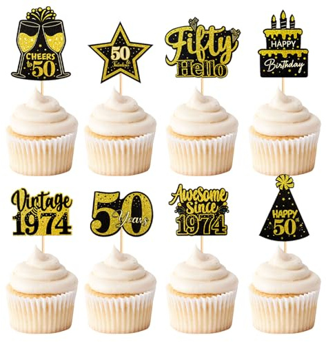 Blumomon 24 Pcs Gold 50th Happy Birthday Cake Topper Glitter Happy 50th Cupcake Topper Cheers to 1974，Cake Decoration for 50th Birthday Party Decoration Supplies 50th Anniversary Cake Topper