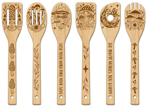GLOBLELAND 6Pcs Mushroom Bamboo Cooking Utensils Wooden Engraved Cooking Spoons Set Carving Kitchen Bamboo Spatula Set Wood Cooking Spoon for Kitchen House Mother Friend Women Warming Gift