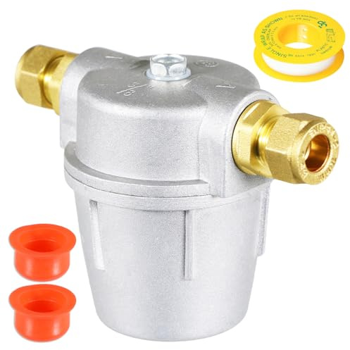 SPARES2GO Boiler Filter 3/8 Aluminium Inline Central Heating Oil Fired Fuel Strainer Bowl + PTFE Tape + 2 x 10mm Compression Connectors