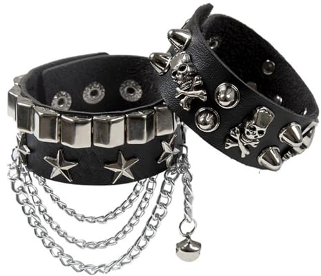 Fenglin-joy Punk Pulsera,2Pcs Pulseras de Punk de Cuero,Rock Brazalete Set, Negro pulseras de piel sintética punk para Hombres Mujeres Tamaño Ajustable