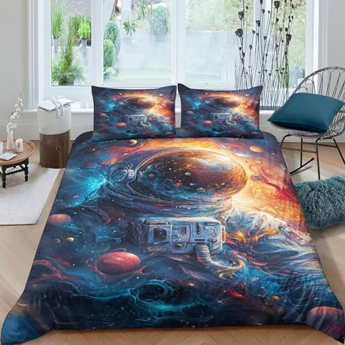 VesFy 3D Druck Cooler Astronaut Bettdecke Decken Kinderbettwäsche Mikrofaser Weltraum-Forscher Bettbezug 3 Teilig Mit Kissenbezug Für Jugendliche Kinder Schlafzimmer Double（200x200cm）