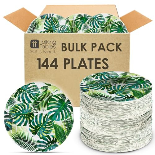 Talking Tables 96 x Tropical Strong Paper Plates, Bulk Pack Palm Design Disposable Tableware, Kid's Jungle BBQ Hawaiian Theme Party, Table Decorations Summer Luau, Green for BBQ, Birthday, Size 9’