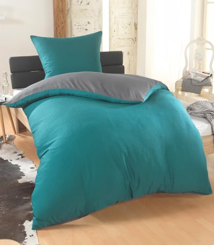 DreamHome 2 teilig Uni fein Seersucker Wende Bettwäsche Bettbezug für Bettdecke Kissenbezug 80x80, Farbe:GRAU-Petrol, Größe:155 x 220 cm
