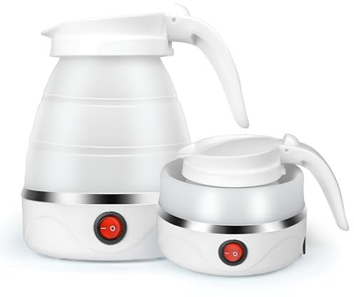 AHDXKUE Foldable Electric Kettle, Travel Kettles Electric Small, 600ML Silicone Mini Kettle Portable Kettle, Tea Coffee Maker, Travel Kettles with Separable Power Cord for Outdoor Camping, White