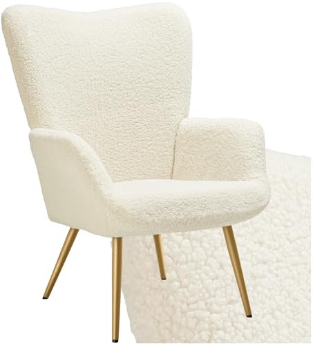 TecTake® Sillón Orejero Estilo Escandinavo, Butaca de Salón con Tapizado en Tejido Bouclé, Sillón Lectura con Respaldo Ergonómico, Ideal Mueble de Salón, Topes en Patas, hasta 150kg - Crema/Dorado