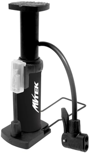 MVTEK PUSH fotpump upp till 7 bar cykelpump dubbel ventilmontering PRESTA SCHRADER cykelpump metall cykelpump för cyklar, bollar och uppblåsbara. Svart cykeluppblåsare.
