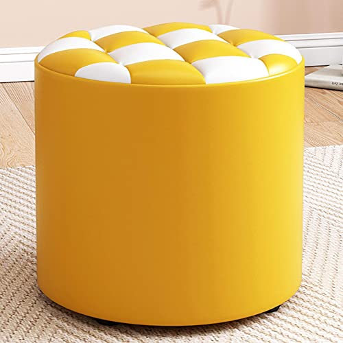 Runder Ottoman-Fußhocker aus Leder für Wohnzimmer und Schlafzimmer, 31 x 28 cm, Gelb und Weiß