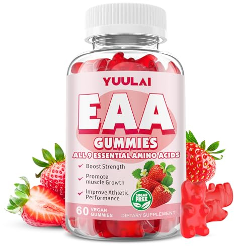 YUULAI EAA Gummies Essential Amino Acids - All 9 Essential Aminos (EAA) and All Branched-Chain Aminos (BCAAs) for Muscle Recovery, Energy Support, Strawberry Flavor, 60 Count