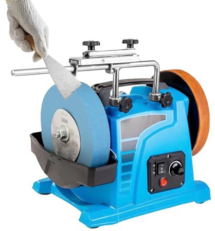 WUCIOA Afilador de Cuchillos eléctrico en húmedo con sistemi de refrigeración por Agua y Rueda de 20 cm, Velocidad Ajustable de 30 a 180 RPM, afilador bidireccional para cortadores y Herramientas