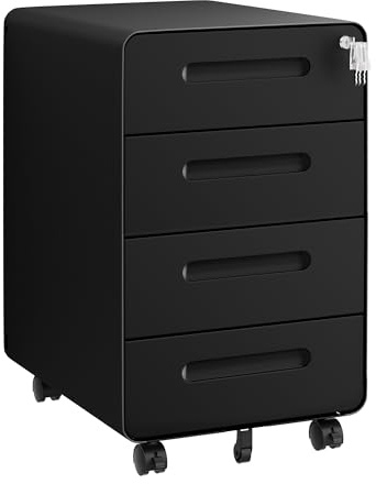 HOMSTEEL Rollcontainer, Mobiler Aktenschrank mit Schloss, Abgerundeten Ecken, 4 Schlüssel, Druckertisch, Bereits Vormontiert (Schwarz, 4 Schubladen - 64cm H)