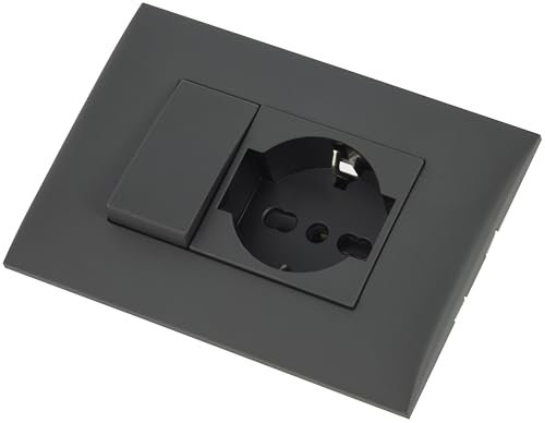 Electraline 22121 Blocco Presa Universale + Deviatore con Placca/Set Placca Premontata 1 Presa universale P40 16A + 1 Deviatore 10A, due viti di montaggio, Nero