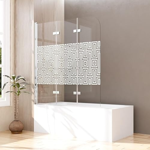 Goezes Duschwand für Badewanne 140x140cm 3-teilig Faltbar Badewannenaufsatz, Glas Duschtrennwand Duschabtrennung aus 6mm ESG Sicherheitsglas, Duschwand mit Labyrinthe Muster