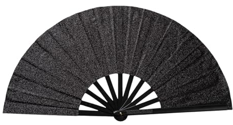 Kotkiddy Large Blade Fan Hand Feather Pop Fan for Line Dance Fold Fan for Dancing with Boots on the Ground Dance Party Outdoor Decoration (Black Glitter)