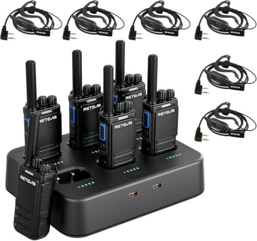 Retevis B64 Talkie Walkie, Chargeur 6 Emplacements, Radio Bidirectionnelle avec Suppression du Bruit AI Bilatéral, Professionnel Robuste, Casque Talkie Walkie pour Bar, KTV, Nightclub (Noir, 6 Packs)
