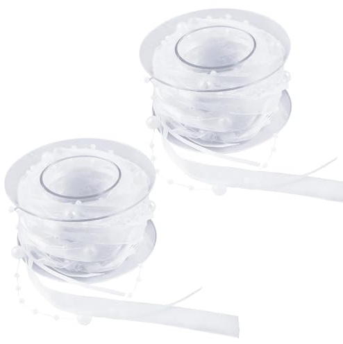 2 Rollen 9 M Perlenband Hochzeit, Organza und Perlen, 3 mm + 8 mm Kunstperlenkette, Weiße Tüll mit Perlen Geeignet für Diy-Bastelarbeiten, Hochzeitsblumenarrangements, Geburtstagsdekoration