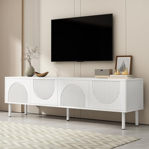 Gxffipw TV Schrank Länge 180 cm für Fernseher bis zu 75 Zoll, Lowboard Weiß mit 4 Türen und Stauraum, Fernsehschrank mit Matte Oberfläche und Kabelmanagement, TV Board Weiss