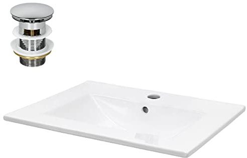 LuxeBath Waschbecken Keramik, Weiß, 610x465x175 mm, eckig mit Ablaufgarnitur Silber, Einbauwaschbecken mit Hahnloch/Überlauf, Aufsatzwaschbecken Einbauwaschtisch Waschschale Waschplatz Handwaschbecken