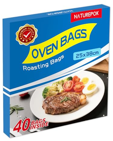 40×Oven Roasting Bags for Oven with Ties for Roasting Chicken, Meat & Fish Multi Purpose Food Safe Oven Bags for Baking Steaming Roasting Grilling Meal Prep (25×38cm/Bag)