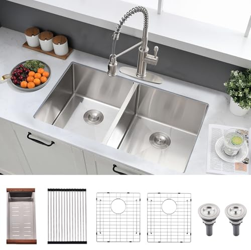 BWXIAOC 32 Inch Undermount Kitchen Sink Double Bowl - 16 Gauge Stainless Steel Undermount Double Bowl Kitchen Sink 50/50, 32x19 Inch