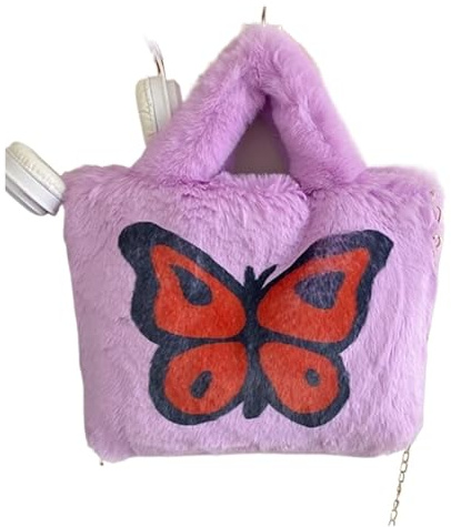 FREOJGU Plyschväska i fuskpäls för kvinnor, axelväska, handdesign, mjuk och varm, fluffig plysch, lila, 31x22x3cm