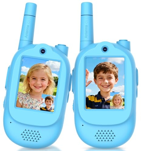 Video Walkie Talkies for Kids, 2 Pack Rechargeable HD Screen Walkies Talkies with 600 FT Outdoor Range, Voice Changer, Watch Straps & Lanyards – Camping Trips Gift for Boys Girls Ages 3-12 (Blue)