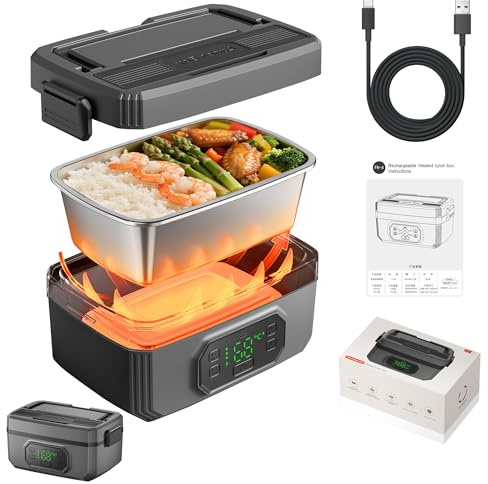 VVU&CCO Portable Electric Lunch Box for Adults, 21000mAh Battery Powered | Rechargeable Heated Lunch Box with Timer&Appointment Time, 1.2L 304 SS Inner,Food Warmer for Office/Travel/Picnic/Camping
