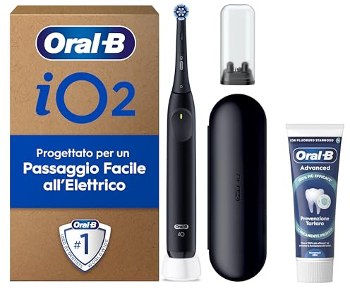 Oral-B iO 2 Spazzolino Elettrico, 1 Testina di Ricambio, Custodia, Nero - 1 Testine di Ricambio per Spazzolino Elettrico, Ricaricabile, Custodia Viaggio + 1 Dentifrico Advanced Prevenzione Tartaro