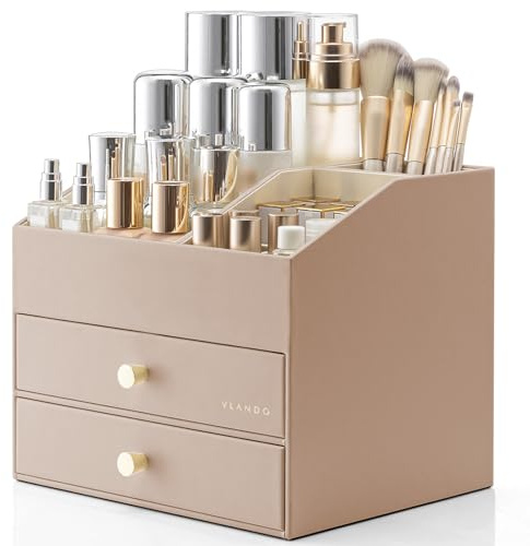 VLANDO Organizzatore per trucco con 3 cassetti, organizer da tavolo per cosmetici e cura della pelle, per bagno, cura della pelle per il guardaroba, caffè al latte