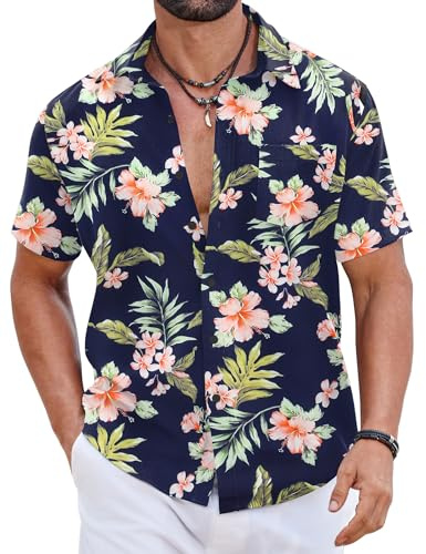 COOFANDY Chemises Hawaïennes Homme 100% Coton, Chemises Été Manches Courtes Boutonnées, Tops Tropicaux Plage Coupe Standard