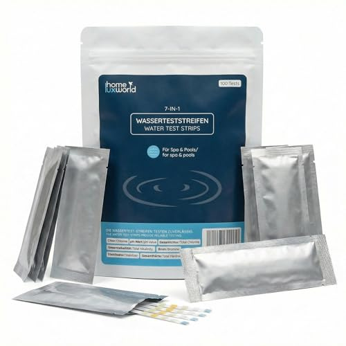 7in1 Poolwasser-Teststreifen (100 Stk.) – zuverlässiger Pool Tester PH und Chlor, kompakter Pooltester & Pool Wassertester für Pool & Whirlpool, misst pH, Chlor, Brom, Alkalinität, Härte & Cyanursäure